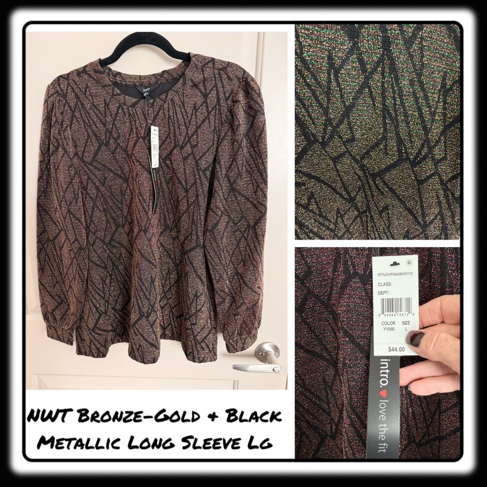 NWT gold-bronze & black metallic lightweight top long sleeve size large Macy’s